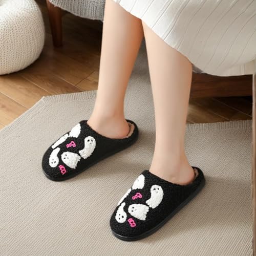 Halloween Slippers for Women Men Spooky Ghost Bats Cute Cozy Warm Plush Fluffy Warm Fur Lined Slipper Retro Memory Foam Shoes for Unisex Adult Indoor Outdoor4