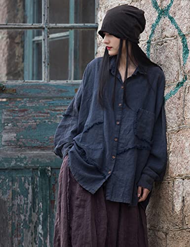 NFYM Women Cotton Linen Shirt Long Sleeve Distressed Frayed Patchwork Irregular Button Down Casual Loose Tunic Tops4