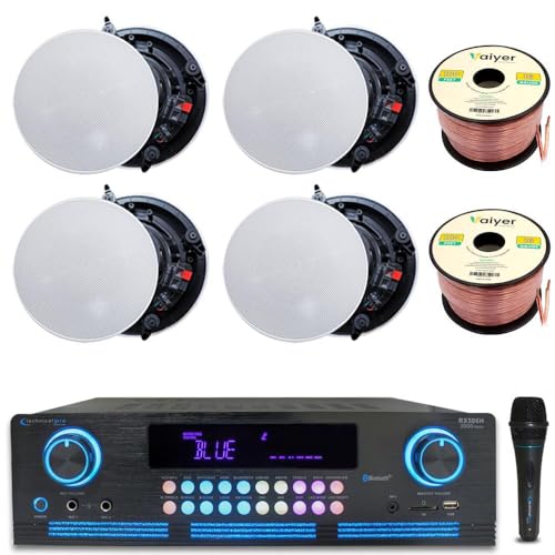 Image of Vaiyer Home Theater Sound System Kit - 2000 W Bluetooth Amplifier w / 4 Qty of 8 inch Frameless Ceiling Speakers 300 W Each, Mic, 200 ft Speaker Wire & Remote for Living Room, Office, Commercial use