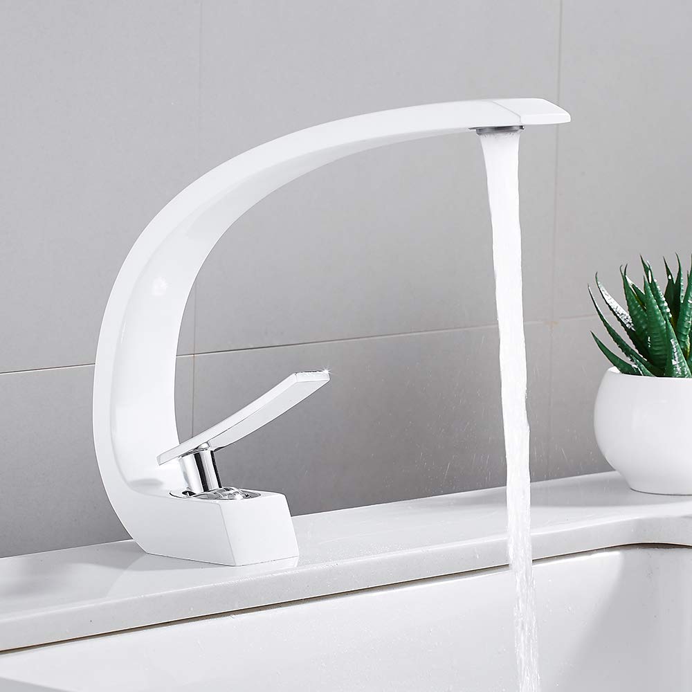 Robinet Évier Vasque Monotrou Élégant Mitigeur Lavabo Cascade Arciforme en Laiton pour Salle de Bain Baignoire (blanc)