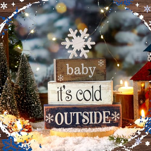 Image of Moucuny 4 Pcs Christmas Table Decoration Winter Wooden Stacked Block, Baby It's Cold Outside Signs with Snowflake Topper, Rustic Christmas Tiered Tray Decor Snowflake Decor for Home Office Shelf