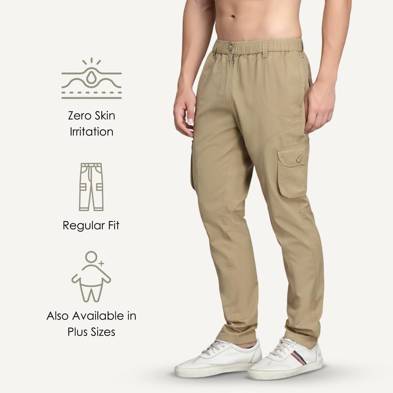 Image of SAPPER Regular Fit Cotton Cargo Pants for Men| Utility Pockets with Zippers| Elasticated Waistband with Belt Loops & Internal Drawcords| Also Available in Plus Sizes | L to 5XL