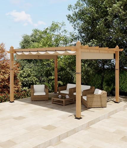 Image of KYBOLT 10x13 Ft Outdoor Pergola with Retractable Canopy Upgraded Aluminum Faux Wood Grain Patio Pergola for Modern Backyard Deck Porch Grape Trellis(Khaki)