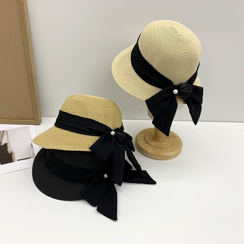 Sombrero de Paja para Mujer - Visera Ajustable de ala Ancha con Lazo Floral y Perla - Protección UV - Cómodo y Transpirable Playa y Actividades Al Aire Libre