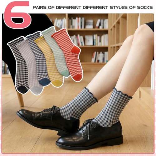 Image of 6 Pairs Women Ruffle Striped Frilly Socks, Cute Checkered Ankle Sock for Women Cotton Knit Casual Crew Socks