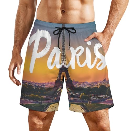 Eiffel Tower at Sunset Beach Shorts for Men Swim Trunks Quick Dry Swim Shorts with Compression Liner Pocket