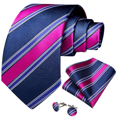 Image of DiBanGu Striped Tie Set for Men Silk Woven Plaid Necktie and Pocket Square Cufflinks Business Wedding