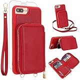Phone Case for iPhone 6plus 6splus 7plus 8plus i 6/6s/7/8 Plus Wallet Cell Cover with Screen Protector Crossbody Strap RFID Blocking Card Holder iPhone6splus i Phone7s 7s 7+ 8s 8+ Phones8 6+ Women Red