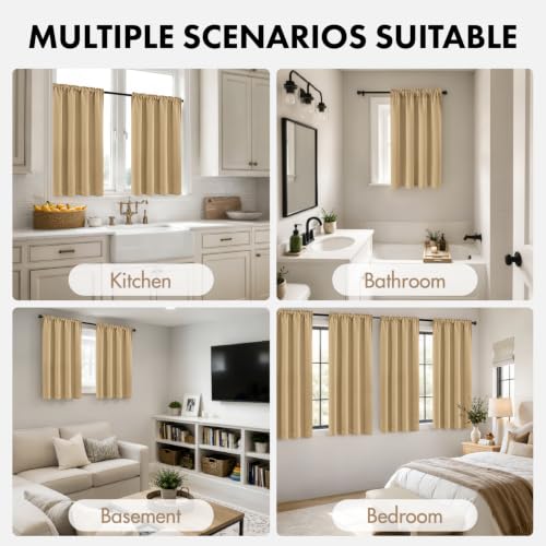 Image of MIULEE 4 Panel Set Short Bedroom Blackout Curtains 54 Inch Long Dark Beige | Thermal Curtains for Summer Heat, Light Blocking Privacy Window Drapes, Top&Bottom Rod Pocket