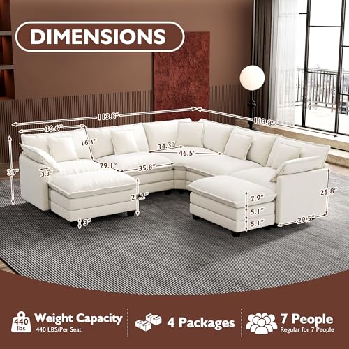 Image of Ihanherry 114 inch V-Shaped Modern Sofa Modular Sectional Cloud Couch with 2 Ottoman, 7-Seat Chenille Deep Seat Sofa with Corner Section for Living Room, Bedroom and Apartment, Beige