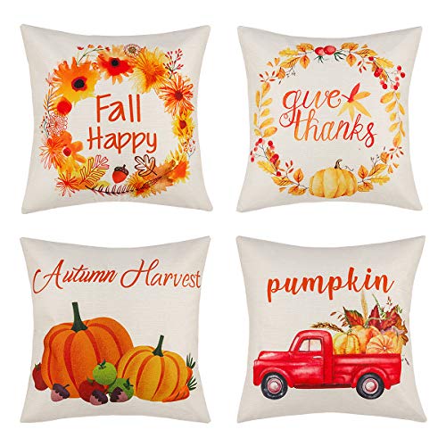peony man Fall Pillow Covers Pumpkin Autumn Maple Leaf Theme Throw Pillowcase Cotton Linen Cushion Cover for Thanksgiving Harvest Decorative, 18 x 18 Inch