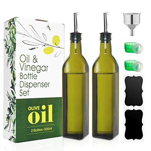 Rocinha Olive Oil Dispenser Bottle Set, Dark Green Olive Oil Bottle, Glass Olive Oil Bottle for Kitchen Cruet Set, Olive Oil Bottle with Stainless Steel Funnel, Pour Spouts, Labels,2 Pack 17oz