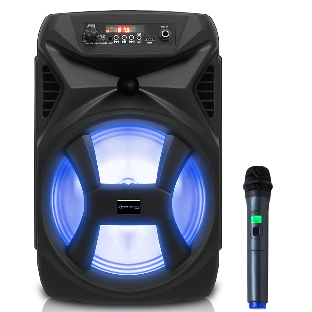 Technical Pro Professional UHF Wireless Handheld Microphone w/USB Powered Receiver and Tpro Portable Rechargeable 500W Bluetooth Speaker w/Colored LED & Dust Proof Enclosure