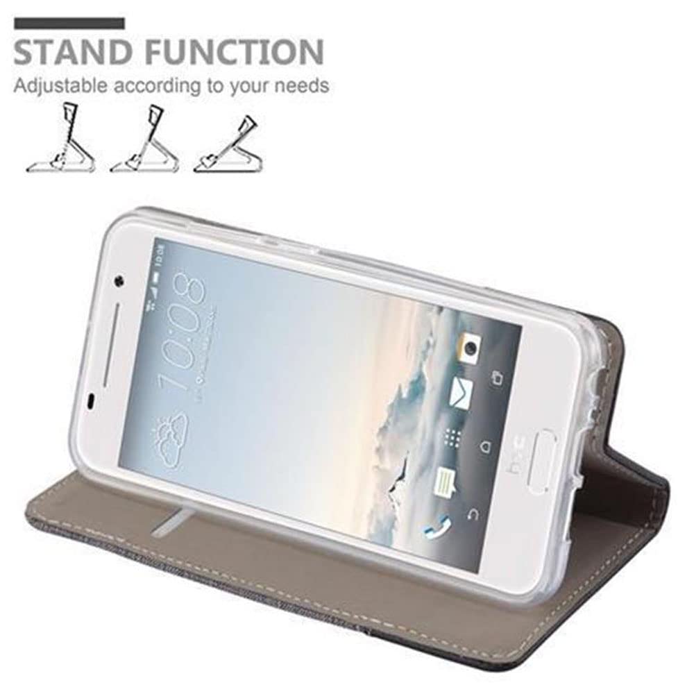 Custodia Libro Portafoglio Per HTC One A9 - Cover In Tessuto E Pelle Grigio/Nera Con Chiusura Magnetica, Slot Per Carte E Funzione Stand