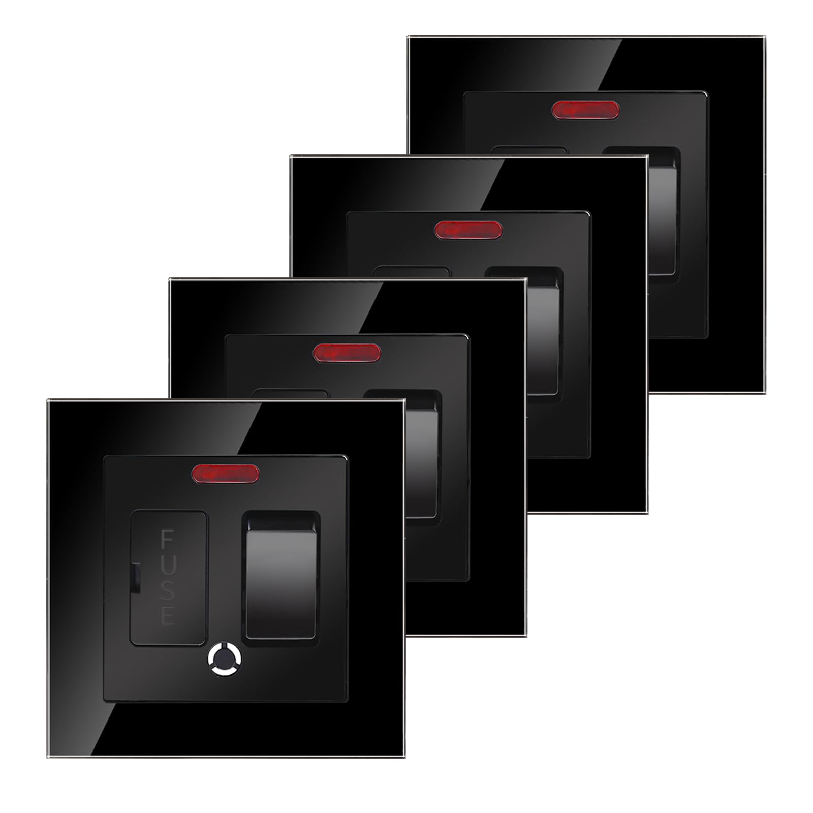4 Pack CNBINGO Glass Switched Fused Connection Unit with Red Power Indicator, Rocker Spur Switch with Ceramic Tube Cartridge Fuse (BS1362, 6.3x25 mm), Black Glass Wall Plate