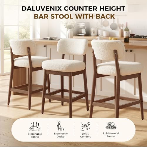 Image of Counter Height Solid Wood Bar Stools Set of 2, Fluffy Boucle Bar Chairs with Thick Cushion, Mid-Century Modern Upholstered Stools with Backrest for Kitchen Island, Home Bar, White