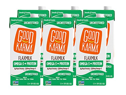 Good Karma Flaxmilk +Protein, Unsweetened, 8g Plant Protein + 1200mg Omega-3 Per Serving, 32 oz Shelf-Stable Carton (Pack of 6) Dairy-Free, Plant Based Milk Alternative, Keto, Zero Sugar, Low Carb, Nut Free
