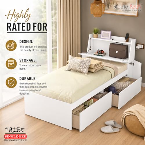 Image of Studio Kook Tribe Right Single Bed with Headboard Storage & 2 Drawers | Engineered Wood Bed | Fits 78 x 36 inch Mattress | Moonshine White | Mattress Not Included