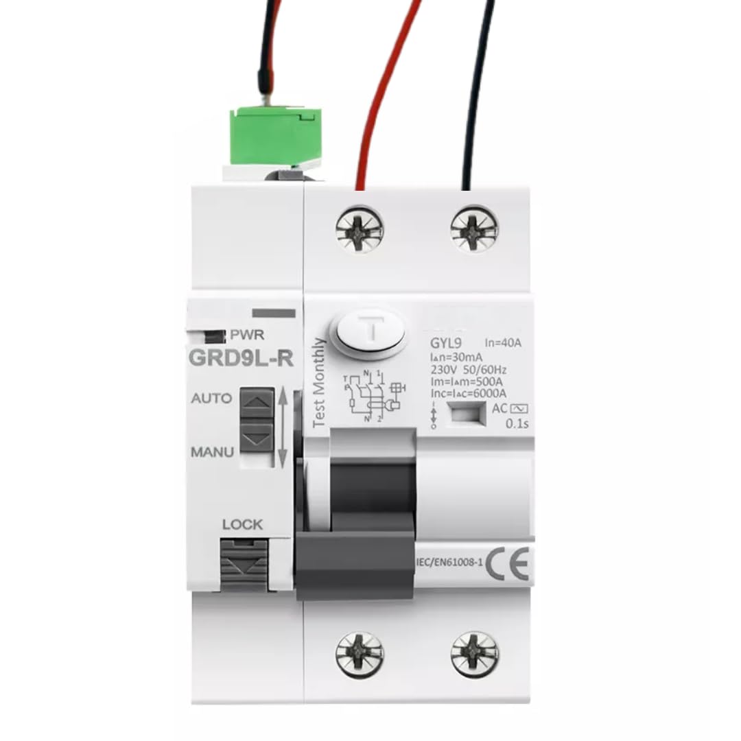Interruptor Diferencial Auto Rearmable 2P 40A 30mA Clase AC - RCCB + cables | 3 intentos de rearme automático, rearme en 10 s, 60 s y 300 s e incluye cables de conexión, Ideal para segundas residencias