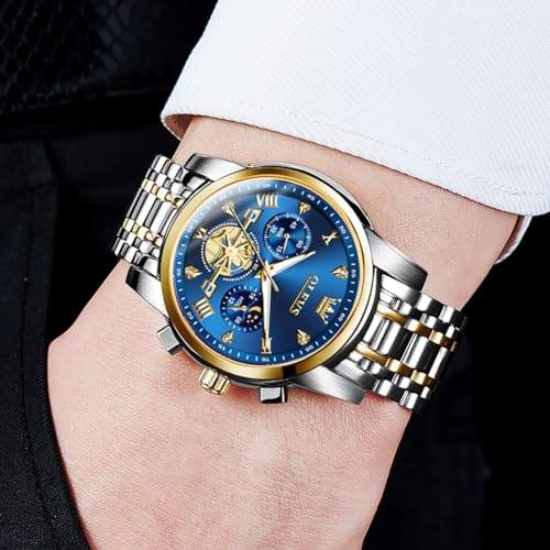OLEVS Watch for Men Skeleton Analog Quartz Chronograph Diamond Watches Stainless Steel Moon Phase Calendar Waterproof Wrist Watch (Image - 4)
