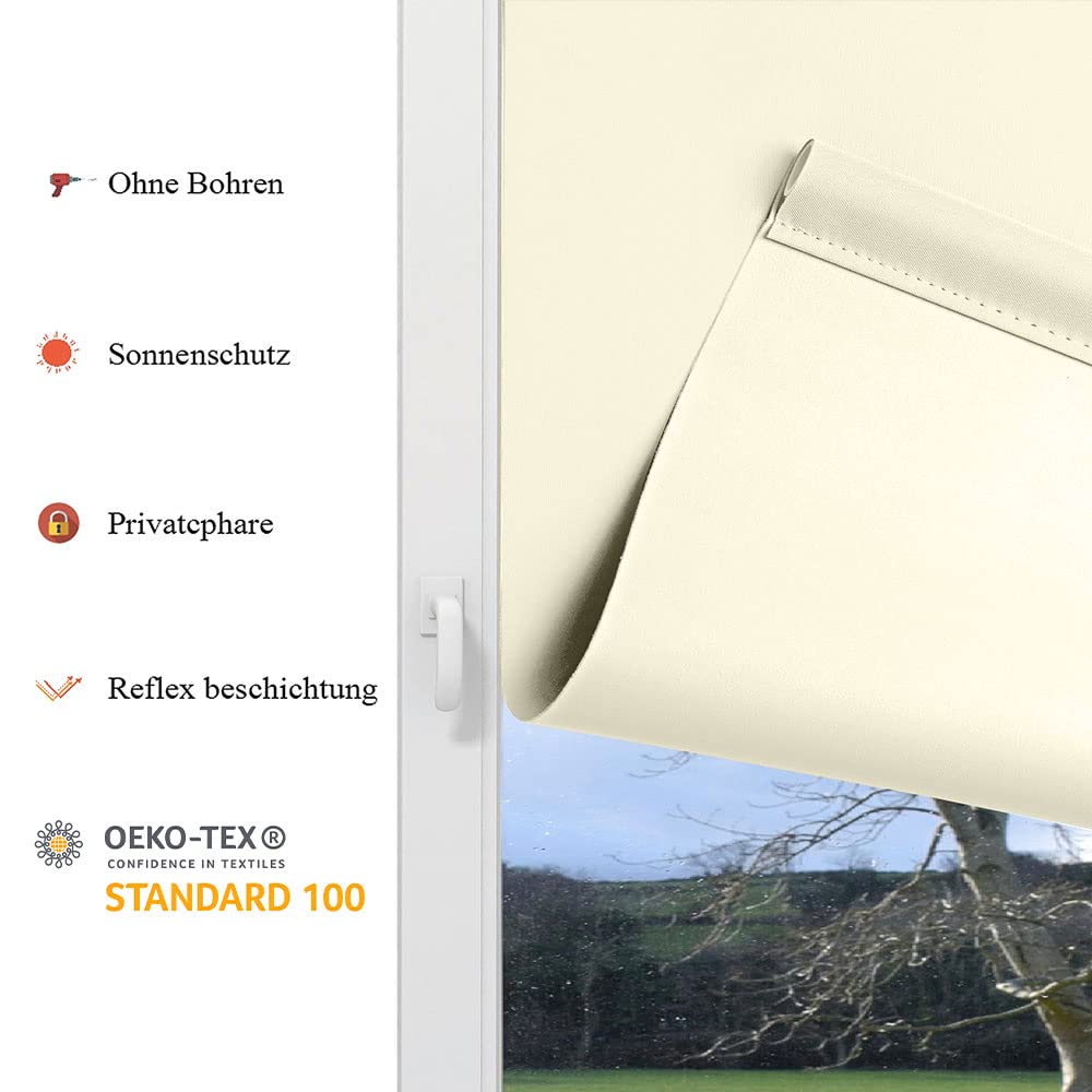 Eurohome Verdunkelungsrollo Thermo Rollo 40x130cm (Stoffbreite 36 cm) Creme Klemmfix ohne Bohren mit gleichfarbige Beschichtung Seitenzugrollo Oeko-TEX Standard 100 Klemmrollo für Fenster & Tür