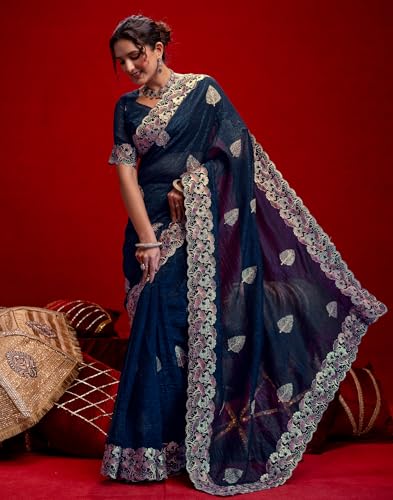 Image of SIRIL Women's Shimmer Chiffon Sequence Embroidery Saree With Unstitched Blouse Piece for Wedding and Parties