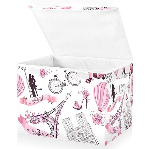 Image of MFTJYO Storage Bin with Lid Paris Eiffel Tower Theme Foldable Storage Box Washable Fabric Storage Cubes Bin Organizer Basket Closet for Home Bedroom Closet Nursery Office