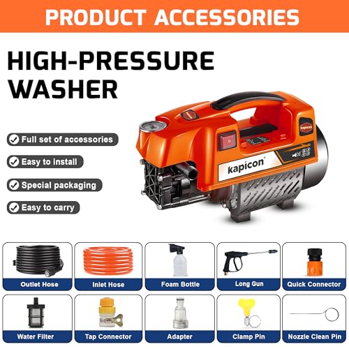 Image of KP-10 High Pressure Washer for Car & Bike | 2000W Copper Motor, 140 Bar Pressure, 7L /Min Flow, 8M Hose, Foam Cannon | Portable Electric Pressure Washer for Home Cleaning (Orange)