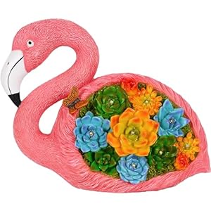 Mood Lab Garden Decor Flamingo Statue – Solar Outdoor 9 Inch Width Solar Figurine – 8 LED Solar Lights in Succulent Flowers – Yard Patio Lawn Indoor Outdoor Decoration
