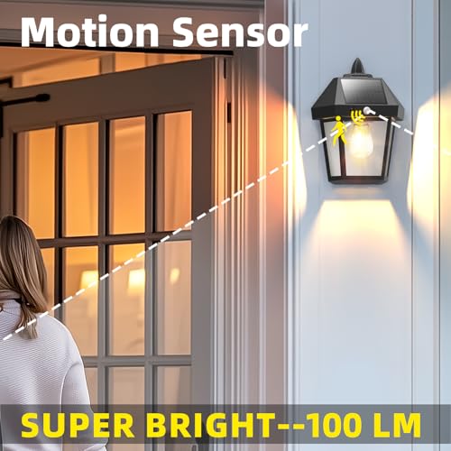 Image of DERAYSION 4 Pack Solar Wall Lanterns,9 Inch Solar Porch Light with Motion Sensor, 3 Mode Adjustable Brightness Waterproof Outdoor Wall Lights for Porch Door Patio Fence Garage