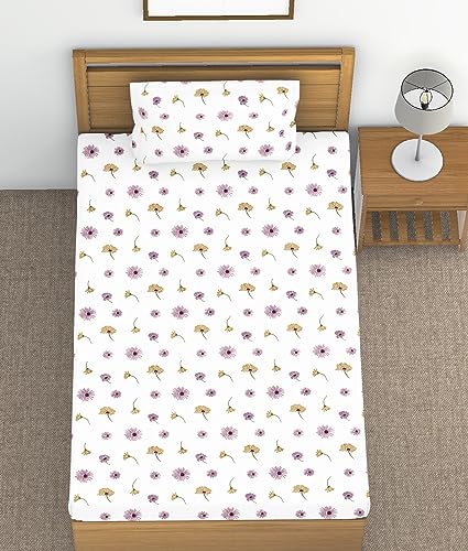 Image of 144TC 100% Cotton Single Bedsheet with Pillow Cover | White Floral Print | Soft, Durable & Fade Resistant