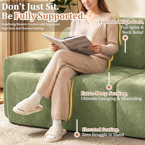 Image of 85 inch Oversized Boneless Couch, Comfort Cloud Sectional Couches for Living Room, Modular Sofa High Back & Extra Deep Seat, No Assembly, Soft Chenille Fabric (Olive Green, 85 inch- Shaped(2+0))