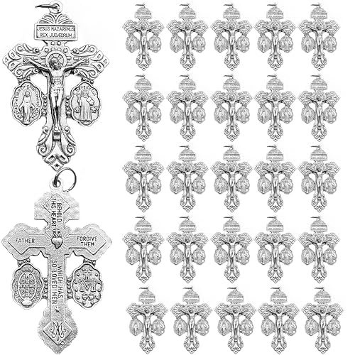 HUPUJRS 30 Pcs Crucifix for Rosary Making Bulk Pack St Benedict Medal Rosaries Catholic and Pardon Crucifix Rosary Parts sliver