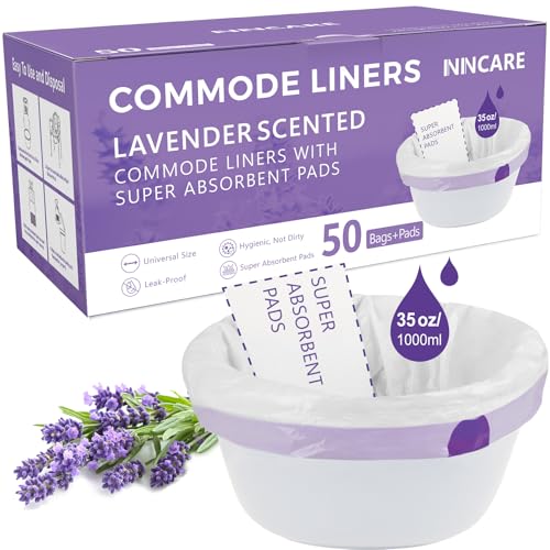 ININCARE Commode Liners with Absorbent Pads for Bedside Commode 50 Lavender Scented Commode Liners and Pads Potty Bags for Portable Toilet Potty Chair Liners Commode Toilet Bedside Commodes