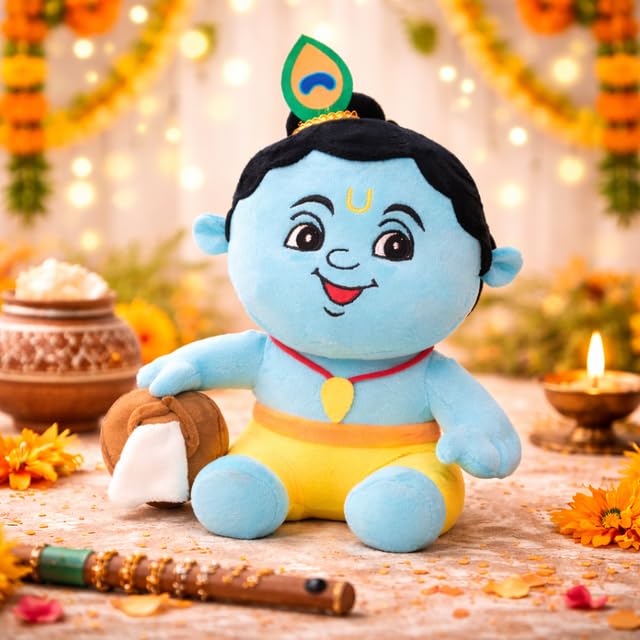 Image of AVSHUB Hindu Idol Soft Plush Toy | Devotional Hindu God Krishna with Makhan Pot for Kids | Religious Stuffed Toys for Boys & Girls | Toy for Car Dashboard, Temple & Gifting (25cm)