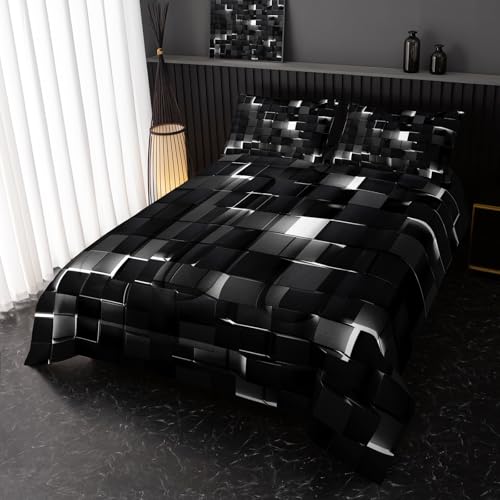 Image of Nttopship Neon White Black Comforter Set Full Geometric Kids Bedding Set,3 PCS Geometry Honeycomb Bed Set Modern Quilt Set 1 Comforter 2 Pillow Cases Cool Room Decor All Season B-Side Black