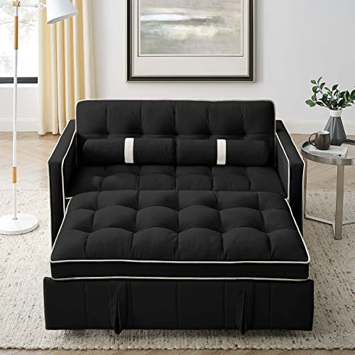 Jeeohey Sleeper Sofa Couch W/Pull Out Bed, 55.5" New Upgraded Tufted Velvet Convertible Sleeper Sofa Bed, Small Love Seat Sofa Bed W/ 2 Pillows For Small Space, Living Room, Apartment, Black #TOP7