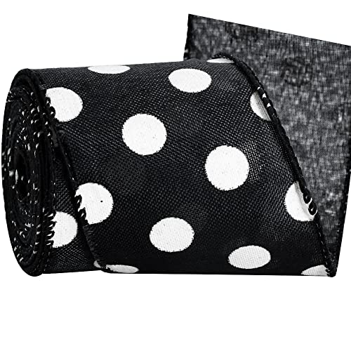 TONIFUL 2.5 Inch Black and White Wired Edge Ribbon Dot Polka Burlap Ribbon Blakc White Wired for Gift Wrapping Bows Making Crafts Home Party Christmas Tree Decoration HalloweenDot6yds