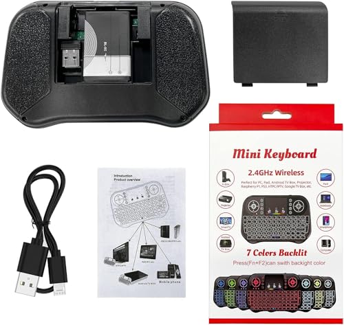 Mini Wireless Keyboard with Touchpad Mouse Combo, 7 Colors RGB Backlit, Portable 2.4 Ghz Mini Keyboard with Rechargable Li-ion Battery for Android Box, Smart TV, Pad, PC, HTPC, Tablet and Windows OS