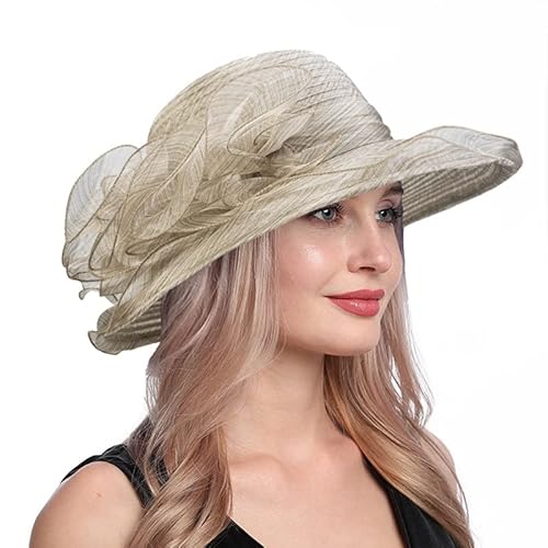Vintage Organza Bucket Hats for Women Summer Sun Hat Fashion Cloche Bowler Fascinators Khaki