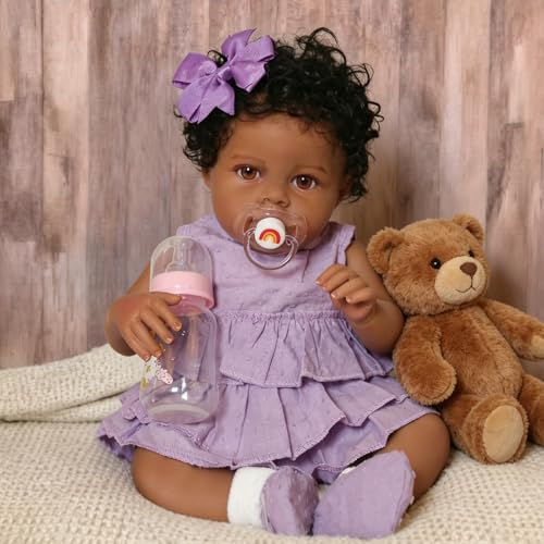 Image of KSBD Reborn Baby Doll Black Girl - 18 Inch Weighted Lifelike Realistic African American, Newborn Real Life Handcrafted Toddler Baby with Hair, Soft Cloth Body and Accessories Gift Set for Kids Age 3+