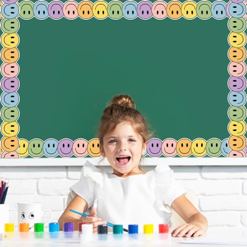 Image of Whaline 32.8 Ft Boho Happy Face Bulletin Board Border Pastel Color Smile Face Die Cut Trim Border Roll for Classroom Chalkboard Back to School Decor