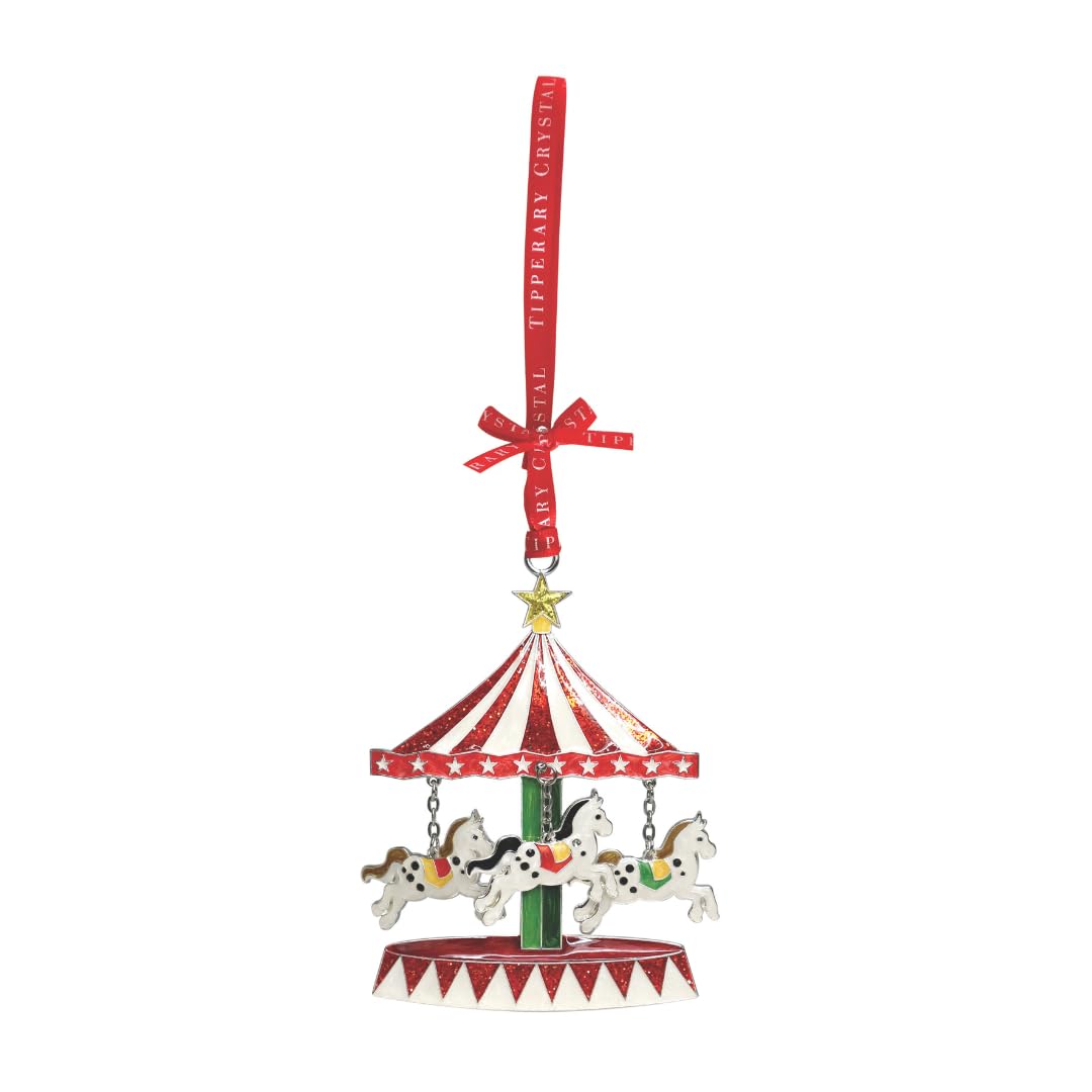 Tipperary Crystal Red Sparkling Carousel Christmas Ornament – Festive Hanging Decoration With Vintage Horse Carousel Design