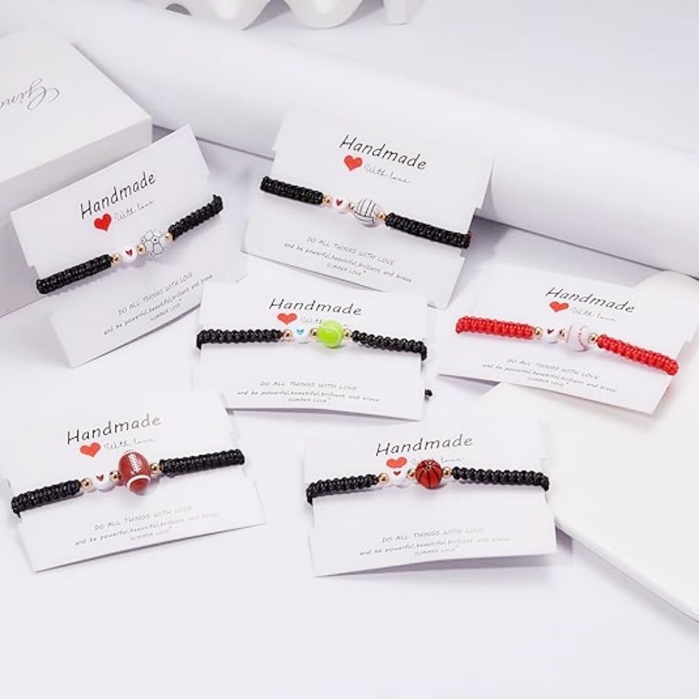 XAM Unisex Soccer Football Rugby Baseball Braided Sports Bracelets Adjustable Sport Bracelets With Card Handmade Beaded Ball Charm Bracelets for Women Men Sports Favors Gifts