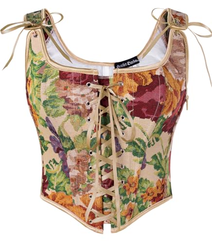 Image of Scarlet Darkness Corset Tops for Women Renaissance Lace Up Floral Bustier | Fishboned, Vintage Floral, Overbust Bodice, for Ren Faire, Medieval, Halloween Costume
