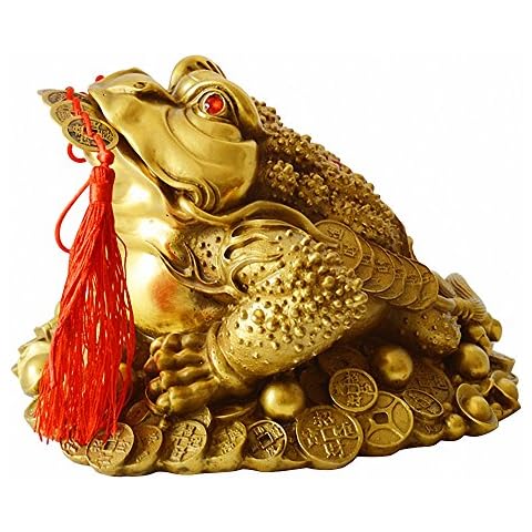 BOYULL Brass Feng Shui Money Frog Statue with Lucky Charm Ancient Coins on Red String,Feng Shui Decor Cover