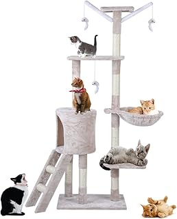 Cat Scratching Post 143 cm Cat Tree Multi-Level Stable Cat Tower Cat Scratching Post with Bed,Cat Bed Cat Climbing Frame with Ladder,Pet Activity Furniture Play House for Indoor Cats,Beige