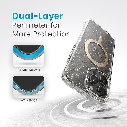 Image of Speck iPhone 15 Pro Max Case - Built for MagSafe, Drop Protection - Scratch Resistant, Anti-Yellowing 6.7 Inch Phone Case - Presidio Lux Clear /Gold Glitter /Beige Sweater