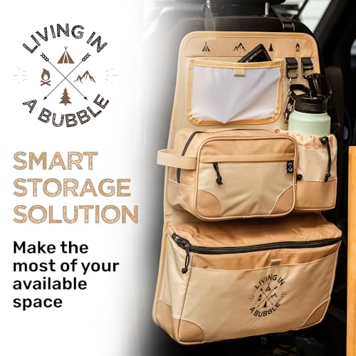 Image of Living in a Bubble Seat back Organizer - Magnetic Toiletry and Cooler Pouch, Cordura Car Backseat Storage with Device Holder & Hooks, Multi-Compartment Utility Bag for Campervans & Family Travel