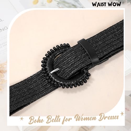 Image of Straw Woven Elastic Belt for Women Stretchy Belts for Dress Fashion Boho Waist Belt Rattan Raffia Ladies Belts